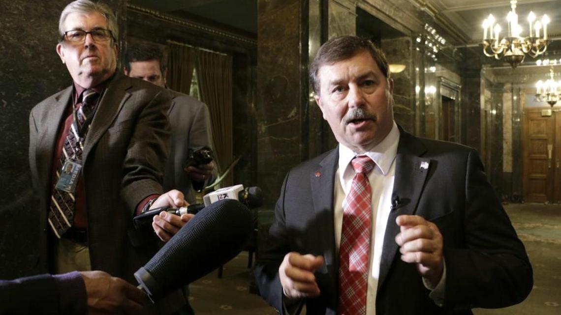 Republican Senate Majority Leader Mark Schoesler talks to the media in the Senate wings after a budget deal was announced, Wednesday, June 28, 2017, in Olympia, Wash. Lawmakers say they have reached a deal on a state budget in time to avoid a partial government shutdown. They offered practically no other details Wednesday.