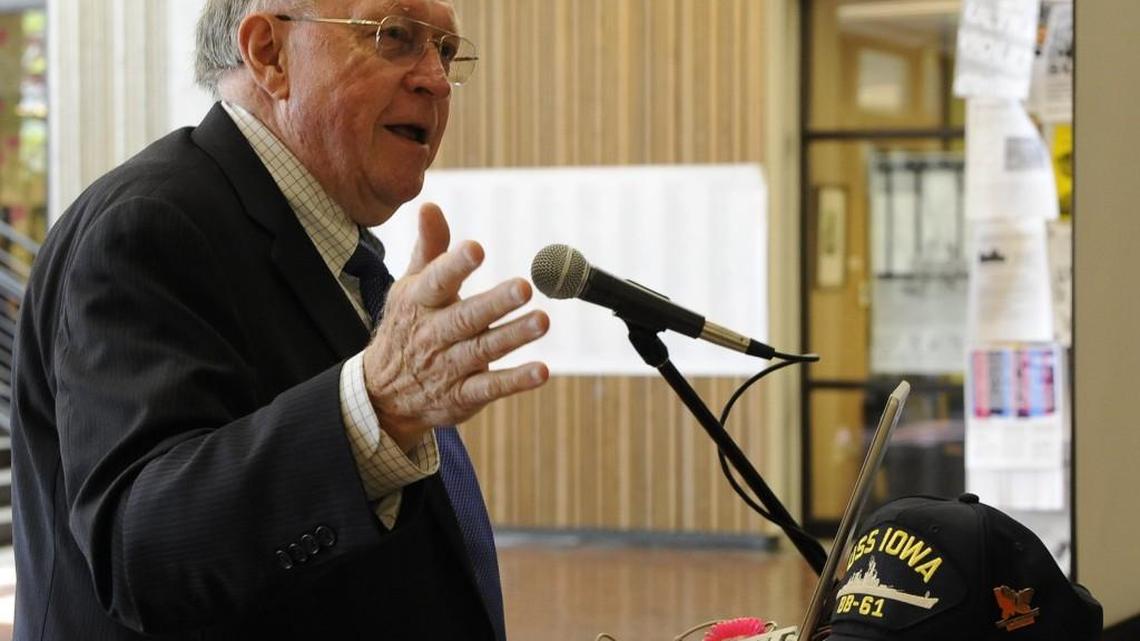 Former state Rep. Larry Seaquist speaks at a Memorial Day ceremony at The Evergreen State College in May 2015. Seaquist ended his bid to become state superintendent of public instruction Tuesday, filing instead to run again for the state Legislature. Seaquist will challenge state Rep. Jesee Young, R-Gig Harbor, his former seatmate.