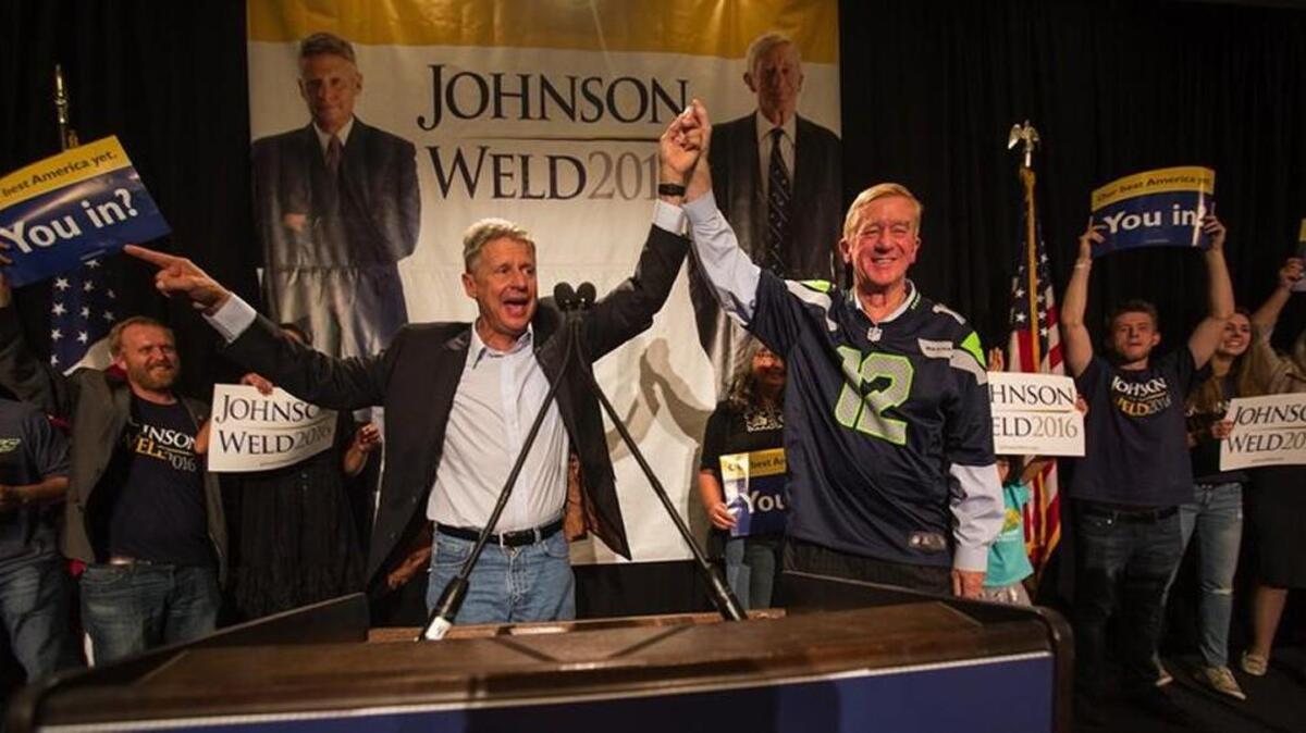 Libertarian presidential candidate Gary Johnson, campaigning here with running mate Bill Weld, stumps Saturday at the Seattle Sheraton in Seattle.