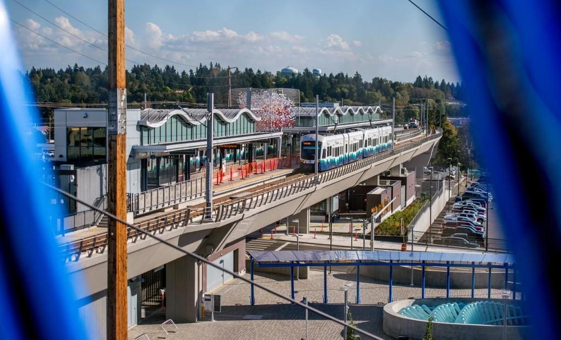 A Sound Transit light rail train pulls into the new Angle Lake station in Sea-Tac in September. Voters in Pierce, King and Snohomish counties were deciding Tuesday whether to significantly expand light rail service.