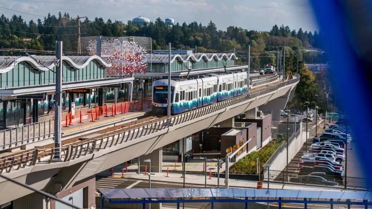 A Sound Transit light rail train pulls into the new Angle Lake station in Sea-Tac in September. Voters in Pierce, King and Snohomish counties were deciding Tuesday whether to significantly expand light rail service.