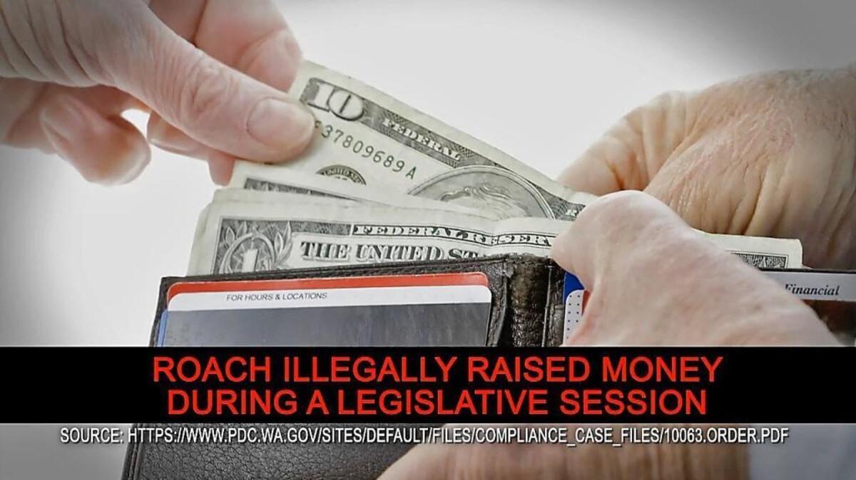 Screen shot from an ad from Pierce County executive candidate Bruce Dammeier alleging opponent Dan Roach illegally raised money.