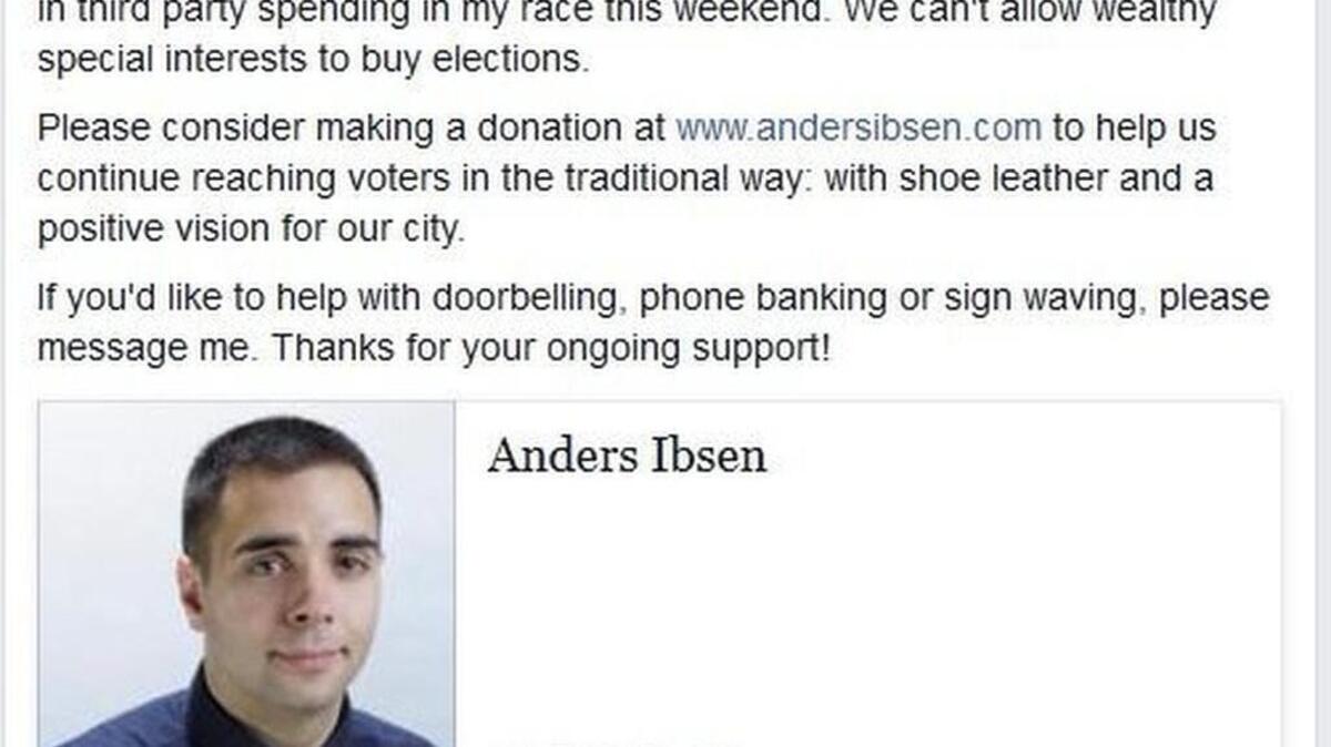 
A post on Facebook by Tacoma council incumbent Anders Ibsen
