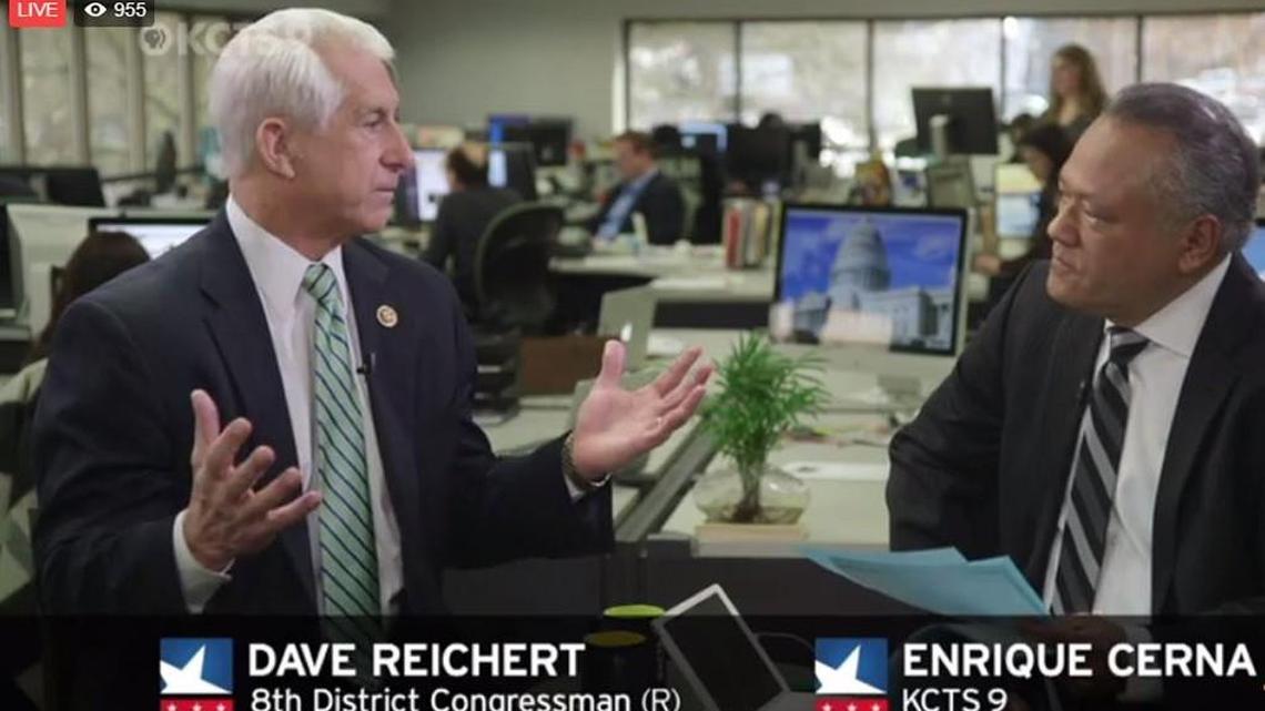 U.S. Rep. Dave Reichert, R-Auburn talks to KCTS 9 host Enrique Cerna on Thursday. Reichert spoke about the Affordable Care Act, immigration and more.