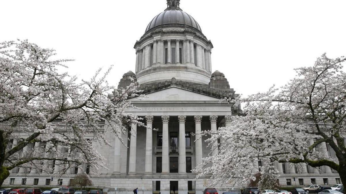Trees are in bloom against a cloudy sky in front of the Legislative Building, Wednesday, March 9, 2016, at the Capitol in Olympia. Charter school advocates declared victory Thursday as the state Legislature approved a plan to keep the privately run, publicly funded schools open in Washington.