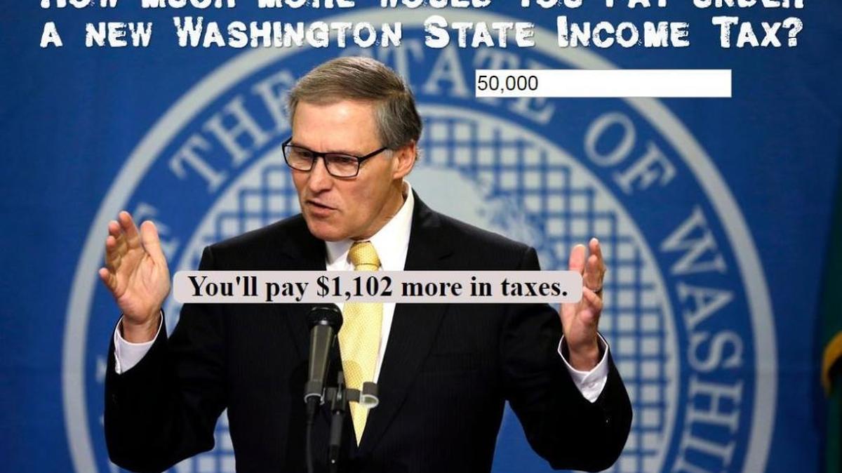 A screengrab from Republican candidate for governor Bill Bryant’s website that claims Gov. Jay Inslee supports a state income tax.