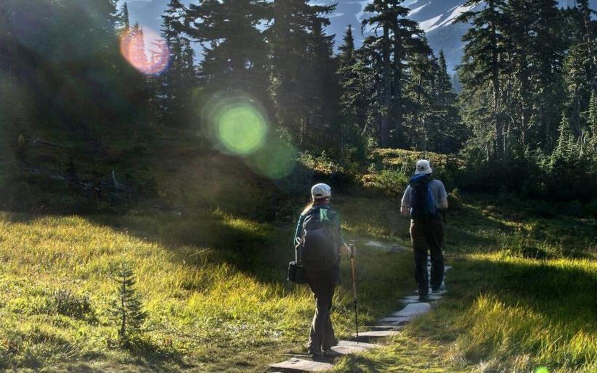 The rising sun helps quicken the pace of researchers hiking to Mount Rainier’s high alpine ponds near Spray Park as they search for answers to the questions climate models present: how fast they change, and will species and whole ecosystems have time to adapt?
