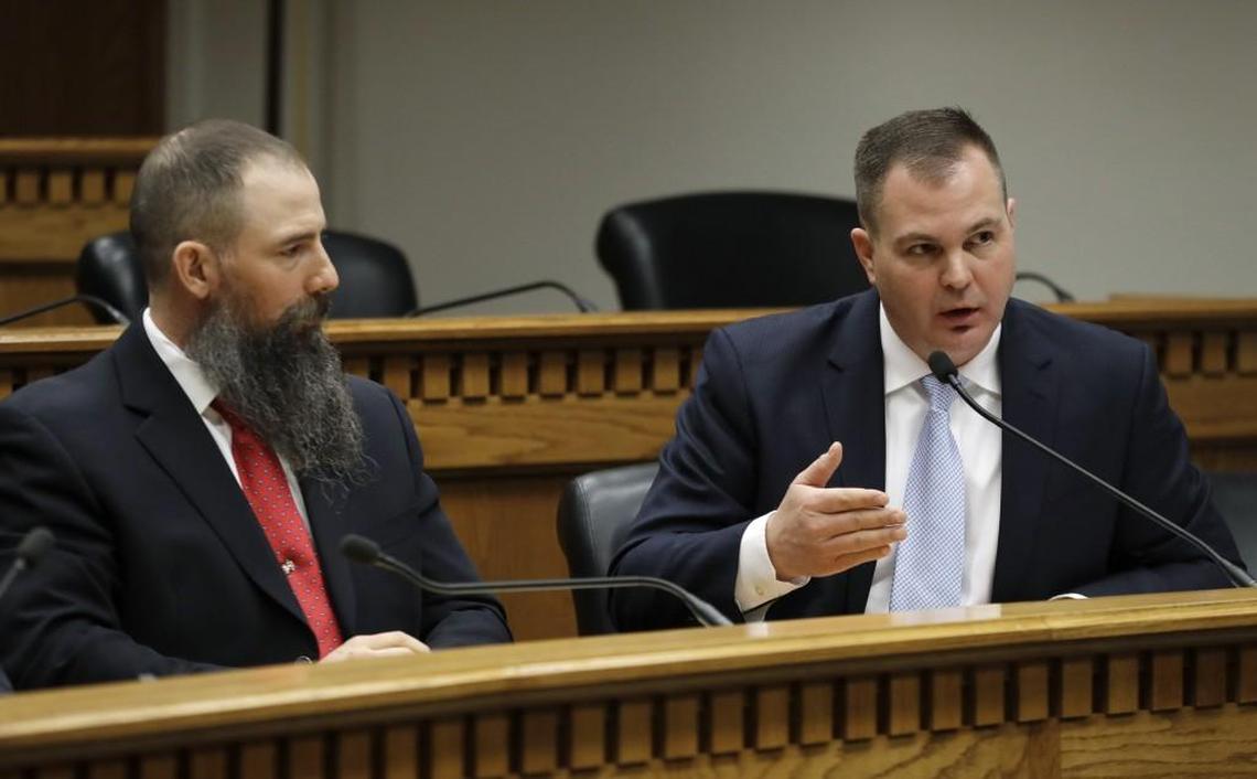 Sen. John Braun, R-Centralia, right, speaks during the education funding panel of the Associated Press' annual Legislative Preview, Thursday, Jan. 4, 2018, at the Capitol in Olympia, Wash. (AP Photo/Ted S. Warren)