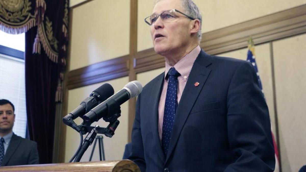 Gov. Jay Inslee speaks to the media on Monday, Feb. 5, 2018, in Olympia, Wash. (AP Photo/Rachel La Corte)