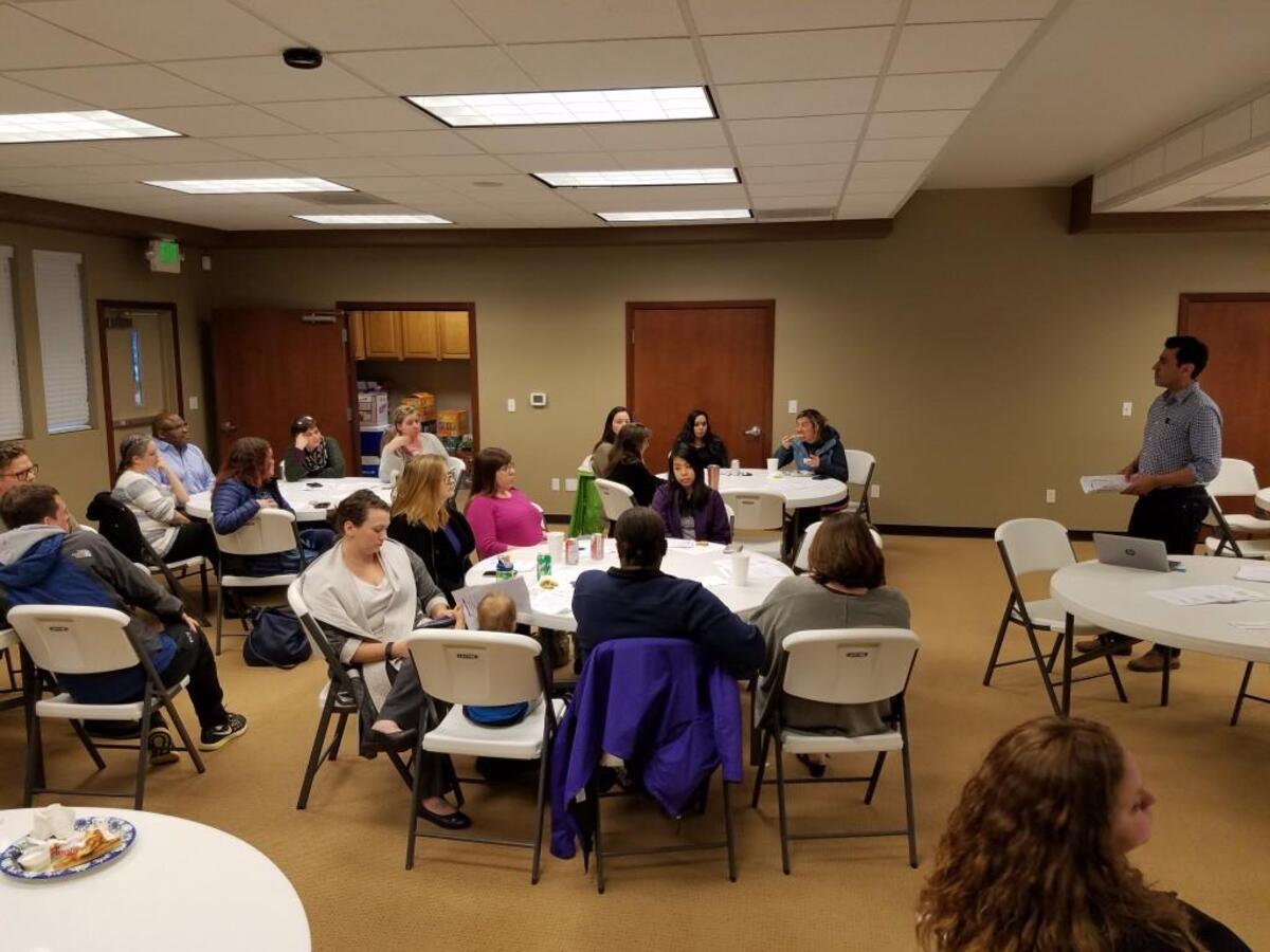 Union members in the Franklin Pierce Education Association meet at the group’s headquarters in Puyallup in March to prepare for the pending Janus v. AFSCME case before the U.S. Supreme Court.