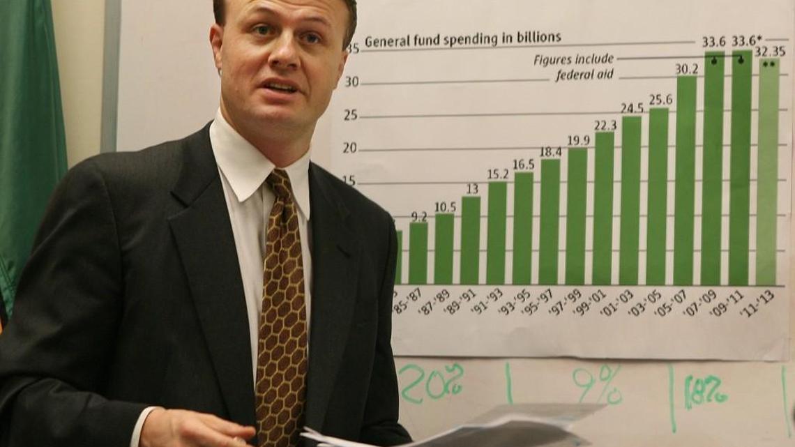 In this 2010 file photo, initiative sponsor Tim Eyman speaks to reporters in front of a chart documenting the size of the state budget over time. State lawmakers are revisiting a law that restricts government property tax collections from growing more than 1 percent annually, a policy born from a 2001 Eyman initiative.