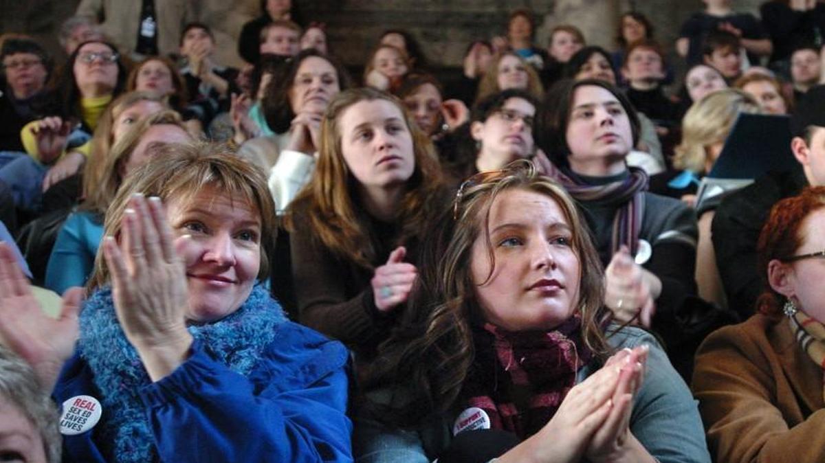 Supporters of comprehensive, medically accurate sex education applaud during a 2005 rally in the Capitol Rotunda in Olympia. From left are Mary Church, a homemaker from Lakewood, Alexis Thomas, an administrative assistant from Seattle and Lindsay Womack, a worker at at family planning clinic from Vancouver.