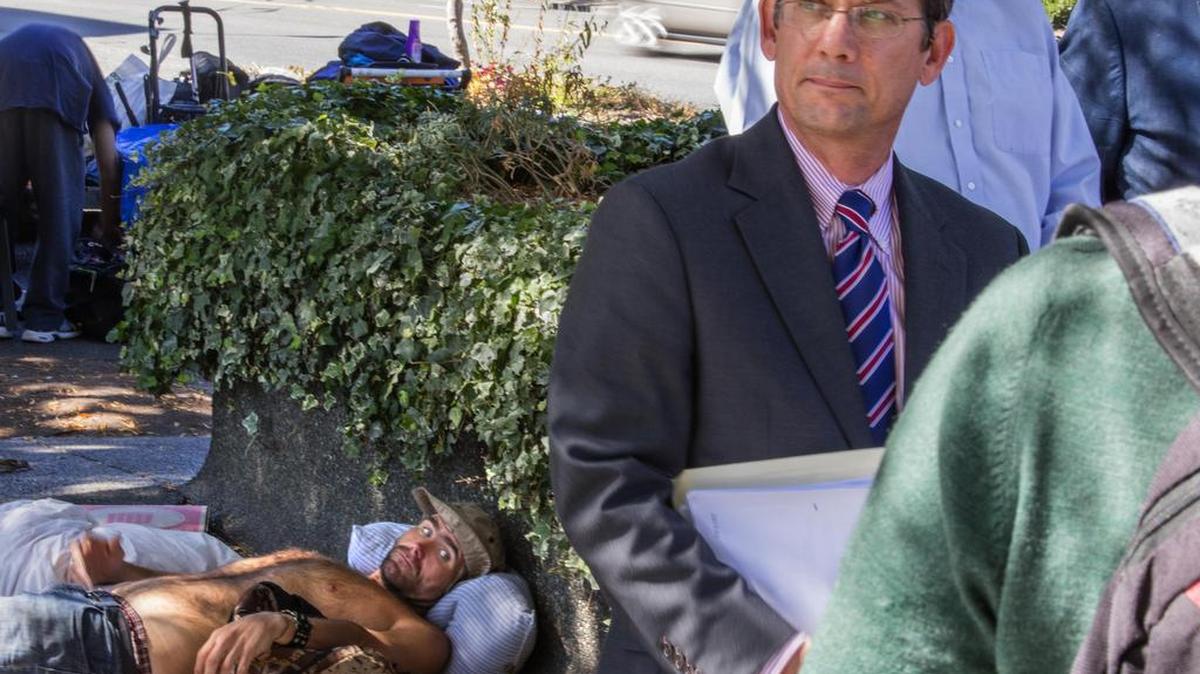 Sen. Mark Miloscia, R-Federal Way, talks to the press in downtown Seattle about his own plans to address the city’s homeless problem on Tuesday, Sept. 13, 2016. Miloscia has made homelessness an issue in the race for state auditor, in which he faces Pierce County Executive Pat McCarthy, a Democrat.