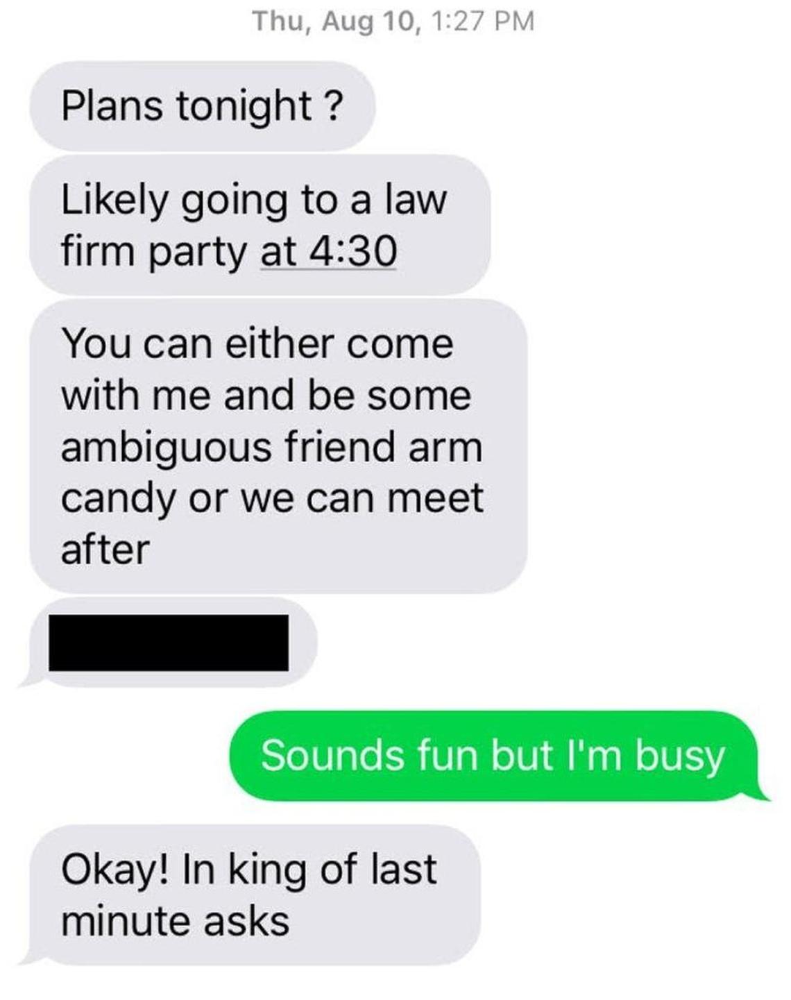 A text message from state Rep. David Sawyer to a legislative lobbyist eight years younger than him. The name of a local law-firm is redacted.