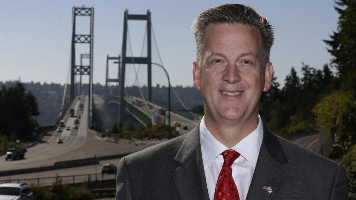 In this photo taken Aug. 29, Marty McClendon, the Republican candidate for Washington lieutenant governor, poses for a photo near the Tacoma Narrows bridges in Gig Harbor.