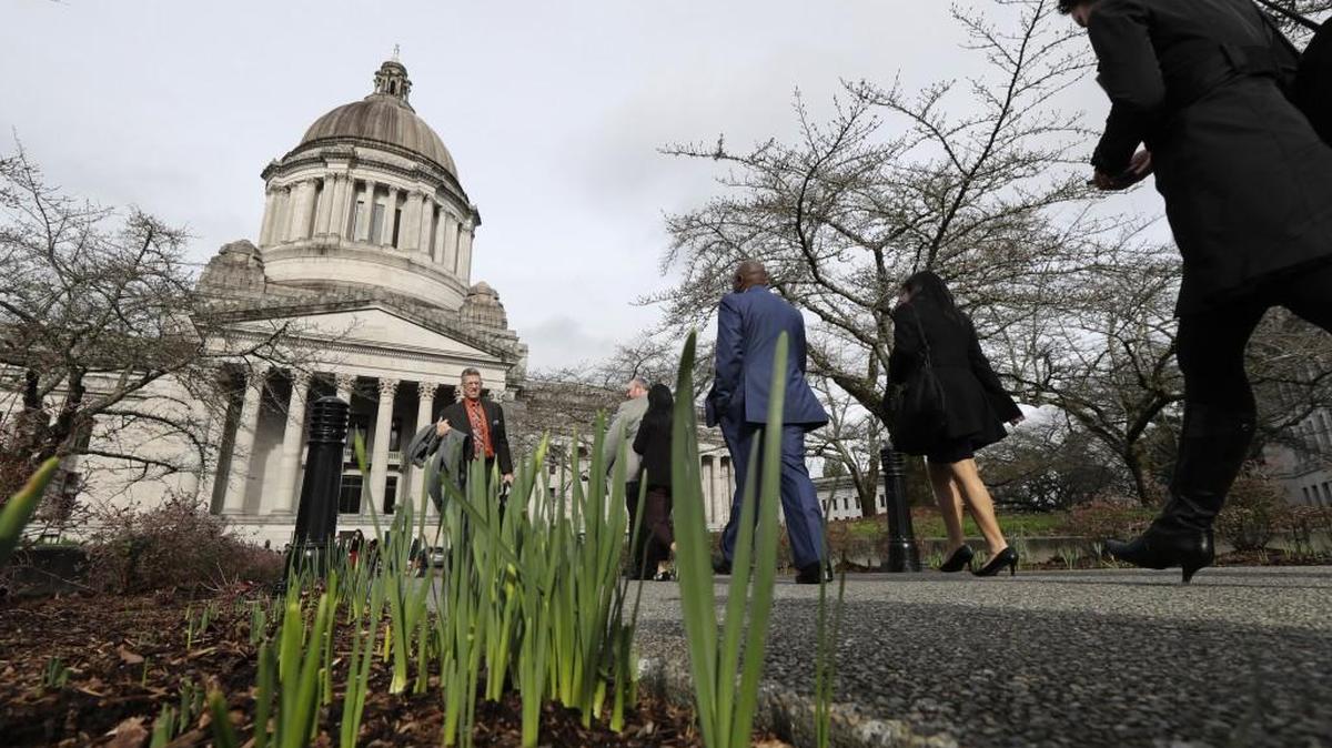 Spring daffodils are shown emerging from the ground, Wednesday, Feb. 7, 2018, at the Capitol in Olympia, Wash., as pedestrians walk on a sidewalk leading to the Legislative Building during the 2018 regular session of the Washington State Legislature.