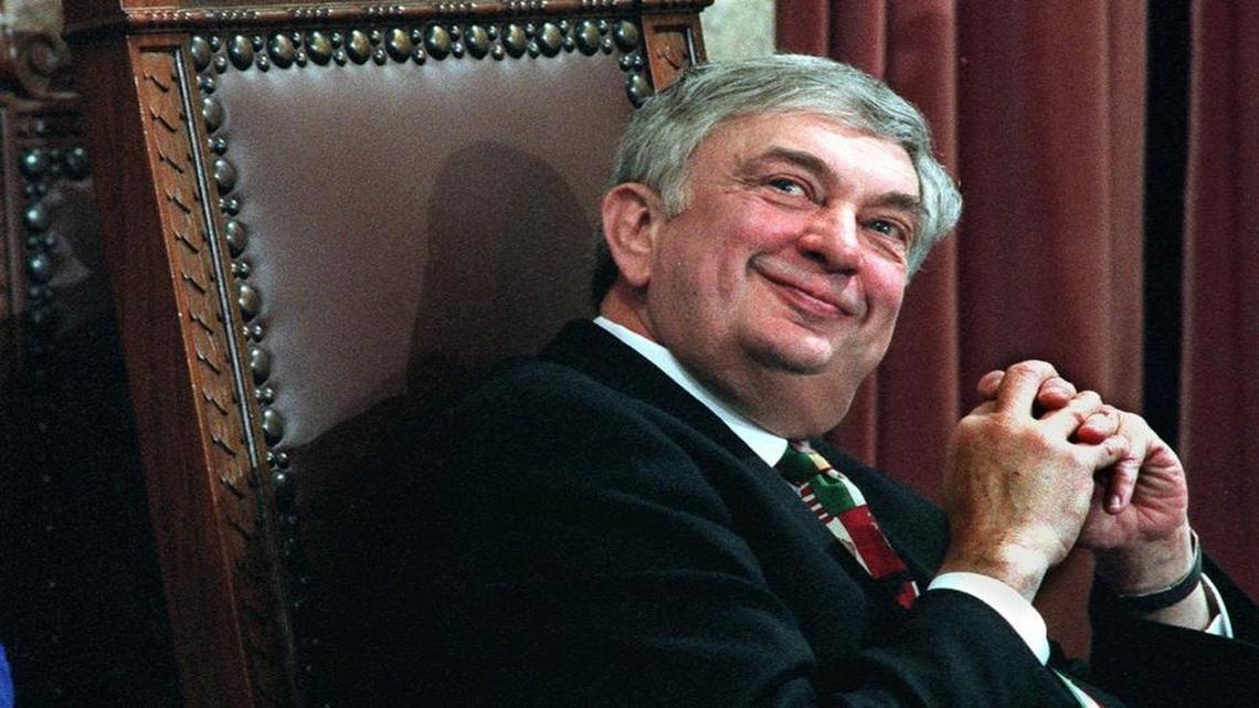 Gov. Mike Lowry smiles before speaking to a Joint Session in Olympia on his last full day as governor of Washington. Lowry, a Democrat, was Washington governor from 1993-97 and served in Congress before that. He was 78.
