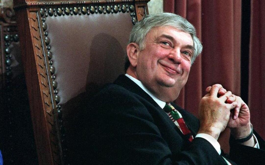 Gov. Mike Lowry smiles before speaking to a Joint Session in Olympia on his last full day as governor of Washington. Lowry, a Democrat, was Washington governor from 1993-97 and served in Congress before that. He was 78.