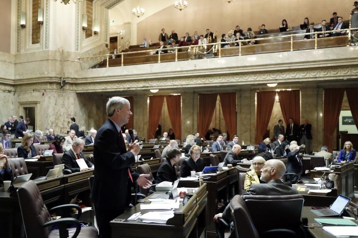 Democratic House Majority Leader Pat Sullivan, D-Covington, speaks on the House floor during debate over the supplemental budget, Thursday, March 8, 2018, at the Capitol in Olympia, Wash., on the final day of the regular session of the Legislature. The House on Thursday passed a supplemental budget plan that puts more money toward teacher salaries this year, the final step in a multiyear process to bring Washington into compliance with a state Supreme Court mandate on education. (AP Photo/Ted S. Warren)