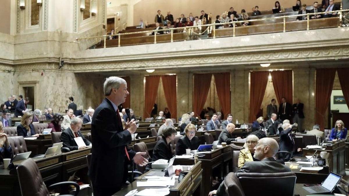 House Majority Leader Pat Sullivan, D-Covington, speaks on the House floor during debate over the supplemental budget in 2018 at the Capitol in Olympia.
