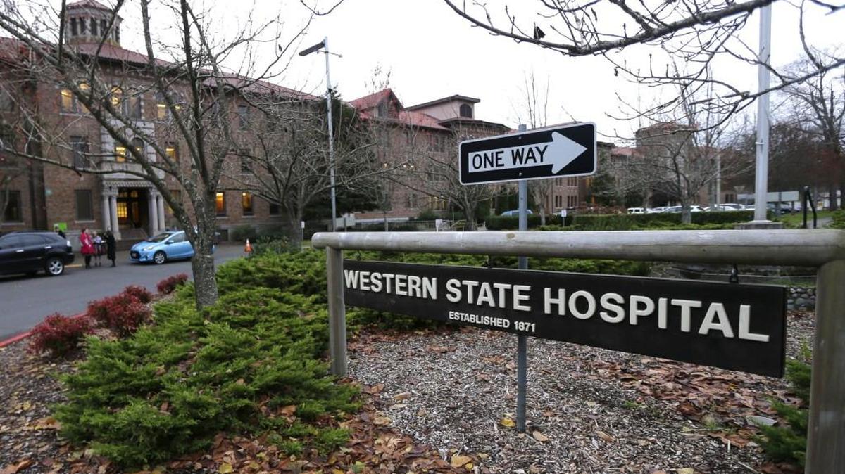 A sign is shown near an entrance to Western State Hospital in Lakewood.