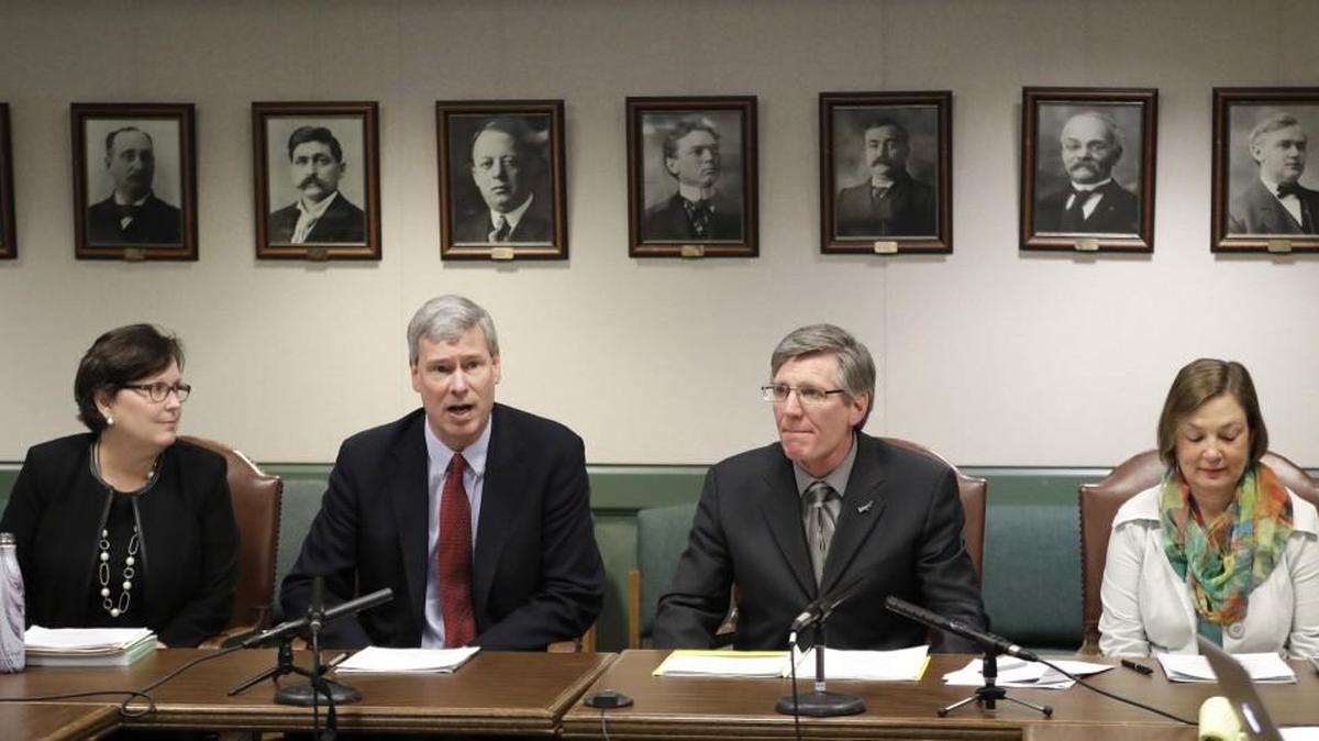 House Majority Leader Pat Sullivan, second from left, D-Covington, talks about the House Democrats’ proposed supplemental budget on Tuesday as he sits with Rep. Kristine Lytton, left, D-Anacortes, Rep. Timm Ormsby, second from right, D-Spokane, and Rep. June Robinson, right, D-Everett, during a news conference at the Capitol in Olympia, Wash. The budget proposal sticks to an education funding time line that the state Supreme Court has previously rejected and also includes a capital-gains tax for long-term property tax relief.