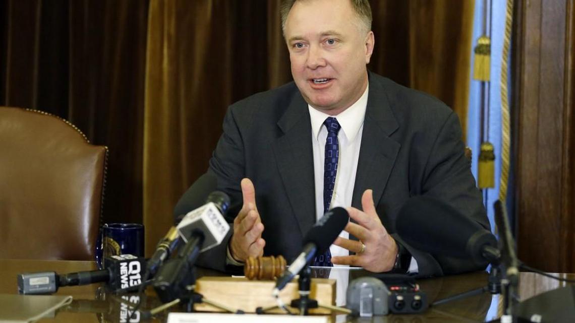 Washington Sen. Doug Ericksen, R-Ferndale, talks to reporters, Thursday, Feb. 2, 2017, at the Capitol in Olympia.