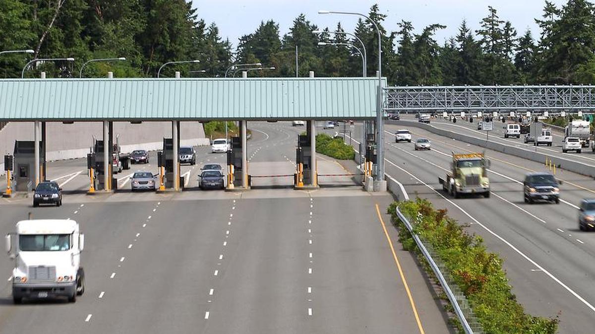 The toll plaza on eastbound state Route 16 in Gig Harbor, where motorists without a Good To Go pass pay tolls.
