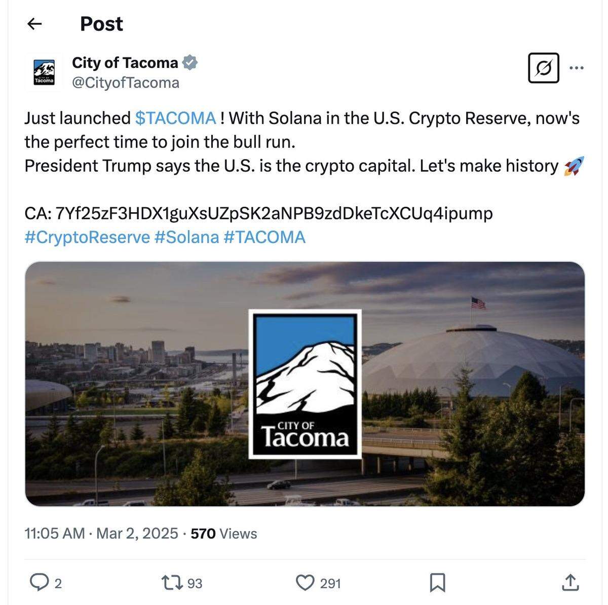 A suspicious-looking announcement that seemed to endorse cryptocurrency appeared Sunday, March 2, on the City of Tacoma’s X account.