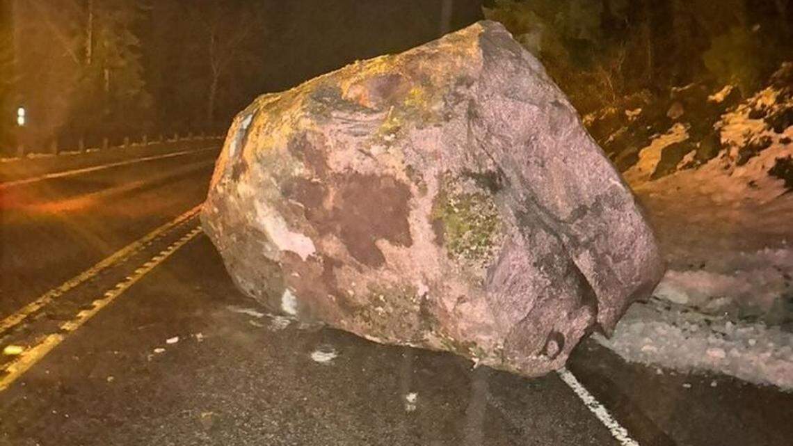 A boulder fell onto a road in Tumwater Canyon, near Wenatchee, Washington, on Feb. 6, transportation officials said.