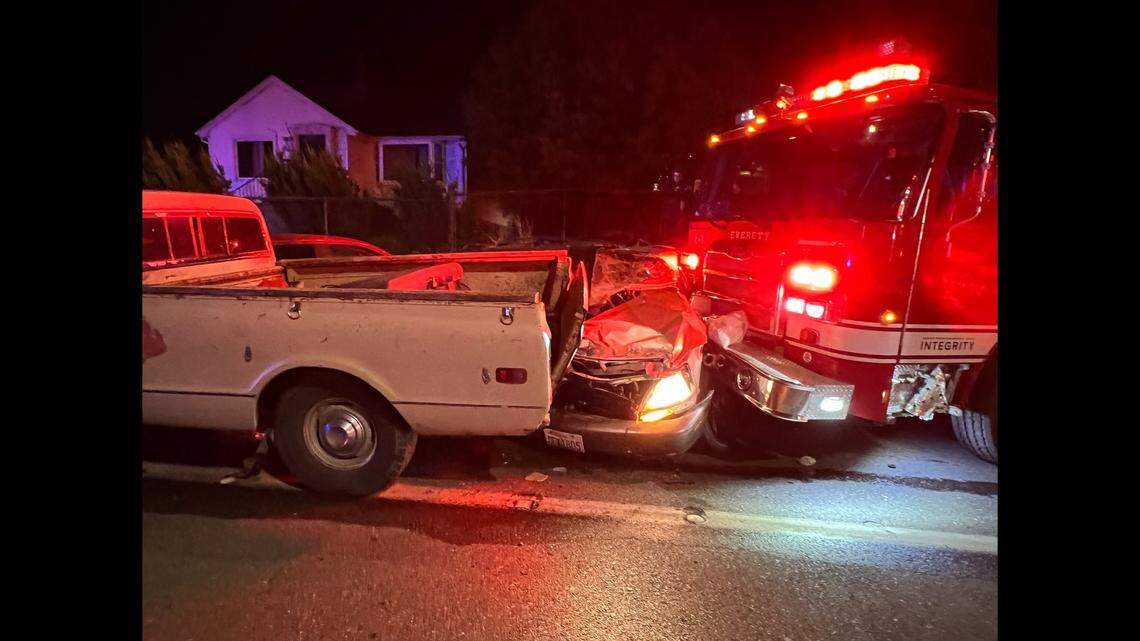 A stolen fire engine hit multiple parked cars in Everett, Washington, officials said.