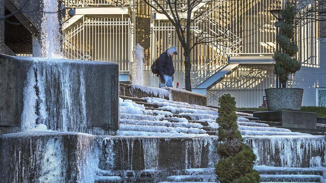 The fountain and steps at Larry Frost Park on South Ninth between Commerce Street and Pacific Avenue in downtown Tacoma froze over in 2017. Three years later, the fountain went out of service due to equipment failure and leaks. 