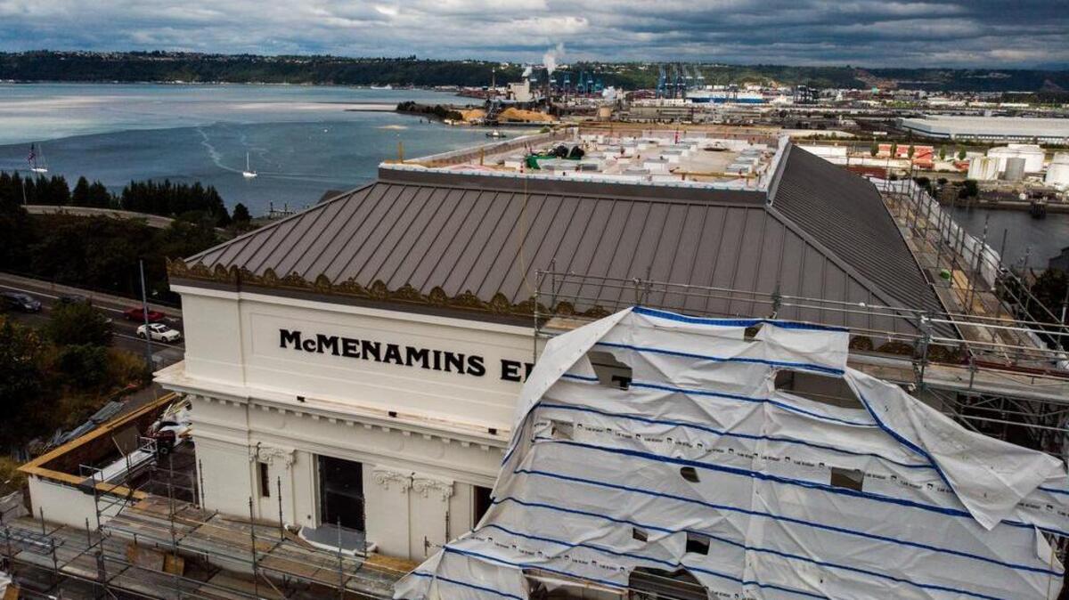 Crews begin to remove scaffolding around the McMenamins Elk Temple in Tacoma. The historic property has been under construction since 2017 and is slated to open this year.