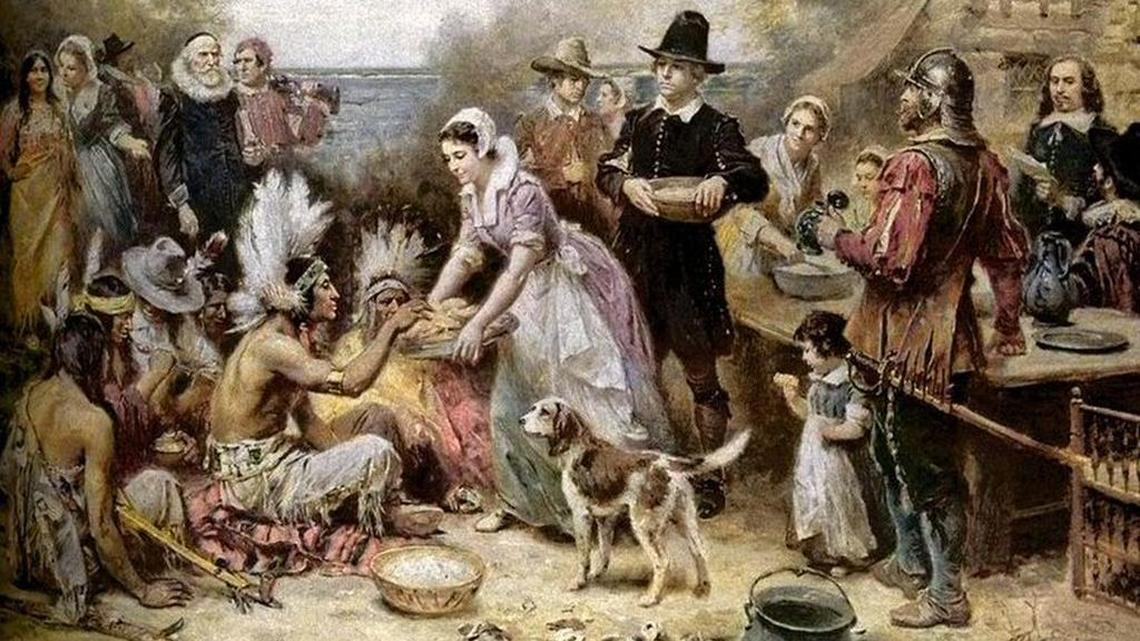 Painting by J.L.G. Ferris, “The First Thanksgiving, 1621,” depicts an idealized version of the feast hosted by the Puritans.