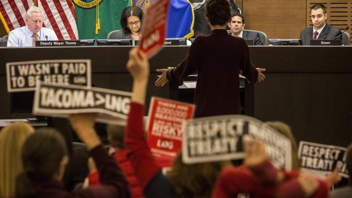In 2017, Tacoma City Council members faced pressure from activists to crack down on industrial uses at the Port of Tacoma, including at this meeting in March of that year featuring vocal opponents of Puget Sound Energy’s proposed liquefied natural gas plant.