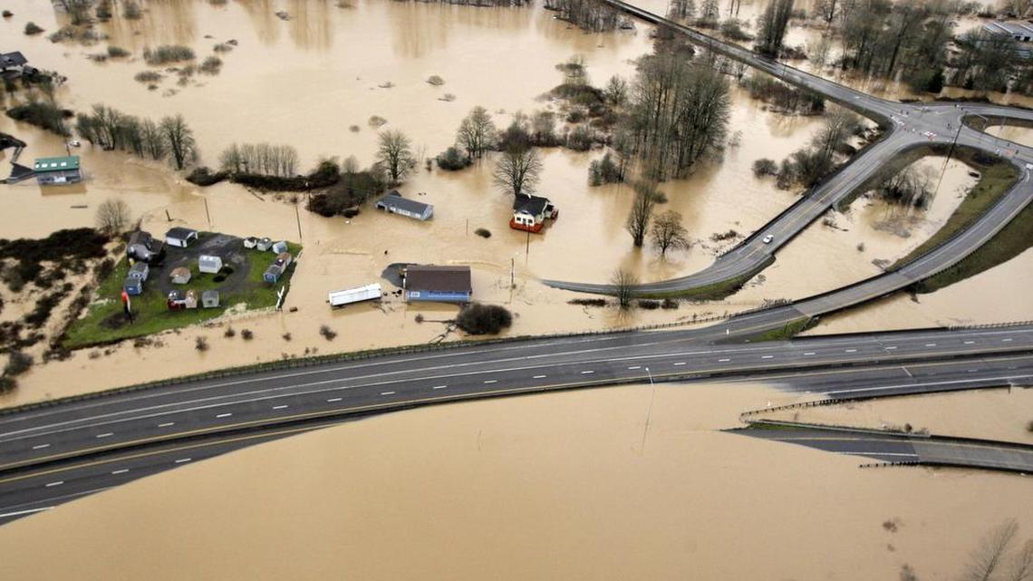 This Jan. 8, 2009 photo shows Interstate 5 covered by floodwaters from the Chehalis River. Heavy rains and melting snow caused significant flooding in parts of Washington at that time.