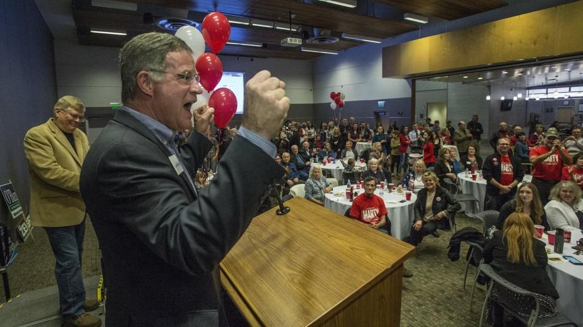 Puyallup Republican Bruce Dammeier exults in early returns on election night in November. He would go on to beat County Councilman Rick Talbert and become the first non-Tacoman installed as Pierce County executive.