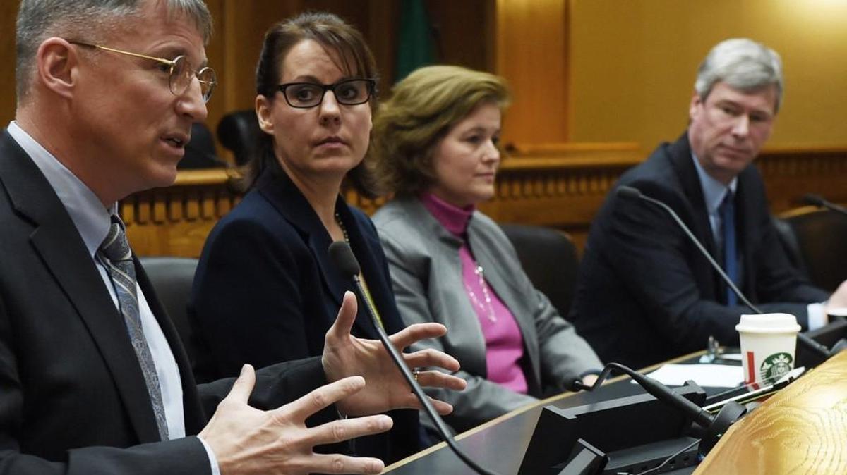 State Education Funding Panel members Rep. Chad Magendanz, R-Issaquah, from left; Sen. Ann Rivers, R-La Center; Sen. Christine Rolfes, D-Bainbridge Island; and House majority Leader Pat Sullivan, D-Covington, field questions Thursday in Olympia.