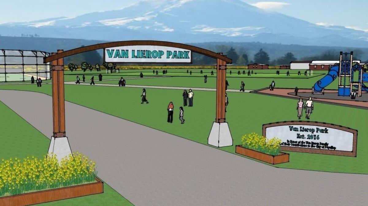 A conceptual rendering shows what a park could look like on 18 acres of former daffodil farmland that the city will retain once a $3.75 million land deal is finalized. The city has agreed to buy 24 acres of land from retired farmer Neil Van Lierop and then sell six acres of it to the nonprofit Step By Step.