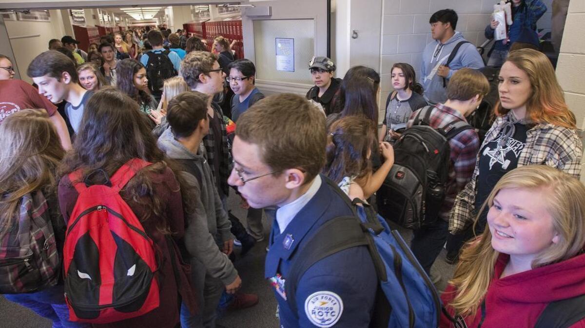 During five-minute passing periods at Bethel High, nearly 600 students navigate the “Bethel Bottleneck,” a convergence of hallways and stairs that leads to the only door accessing 16 portable classrooms. The high school is currently at a maximum capacity of 1,600 students and would be modernized and partially replaced if the April 26 bond issue passes.