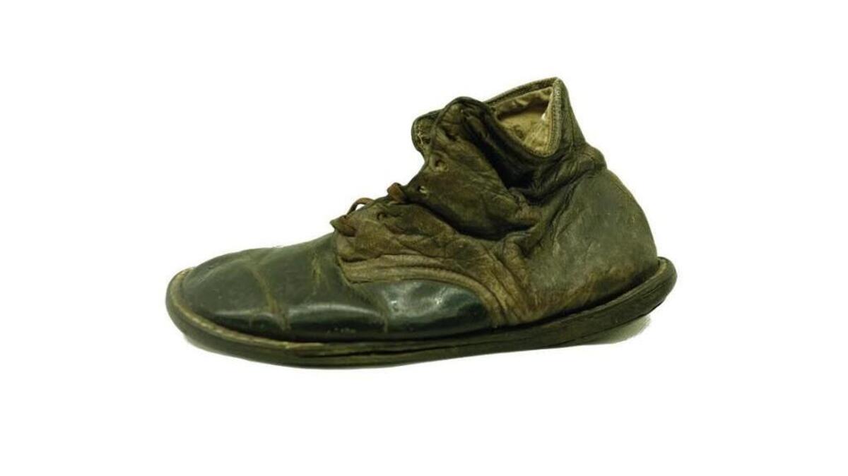 The shoe of a victim of Auschwitz-Birkenau, one of 13 objects from the death camp on display at the Holocaust Center for Humanity on loan from the Auschwitz-Birkenau Memorial and Museum.