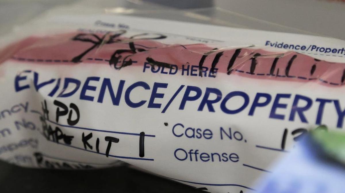 
An evidence bag from a sexual assault case awaits testing at the Houston Forensic Science Center in Texas.
