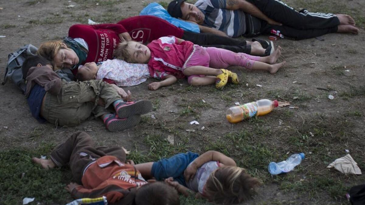
Refugees sleep in a park in Belgrade, Serbia, Aug. 30. Migrants, including many women with babies and small children, await an opportunity to travel north and enter the European Union. 
