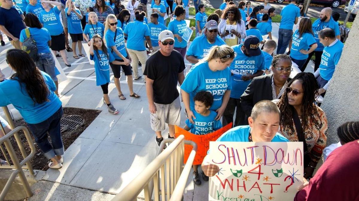 A stream of supporters heads into Tacoma’s Destiny Middle School for "a rally in support of school choice" in September, days after a Supreme Court decision that may ultimately kill charter schools.