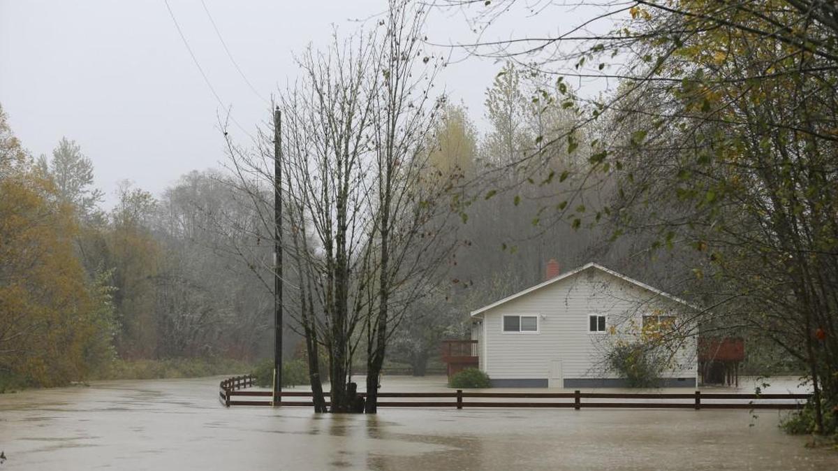 Floodwaters surround a home built on a raised foundation north of Shelton on Nov. 13. Climate change is expected to make flooding more common in future years.