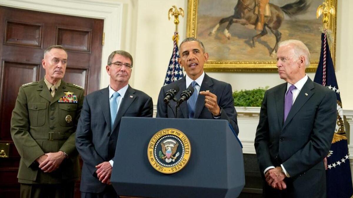 
President Obama announces Thursday he will keep U.S. troops in Afghanistan when he leaves office in 2017. From left: Marine Corps Gen. Joseph F. Dunford, Secretary of Defense Ashton Carter and Vice President Joe Biden. 
