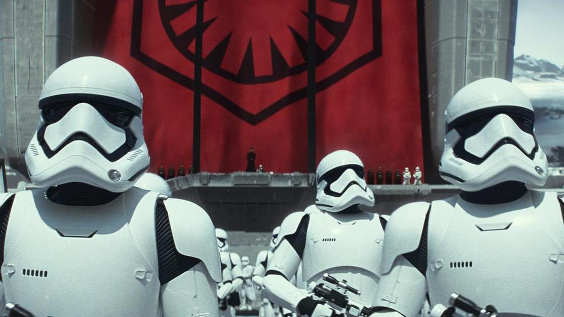 Stormtroopers in a scene from the new film, "Star Wars: The Force Awakens,” which opens Thursday in the U.S.
