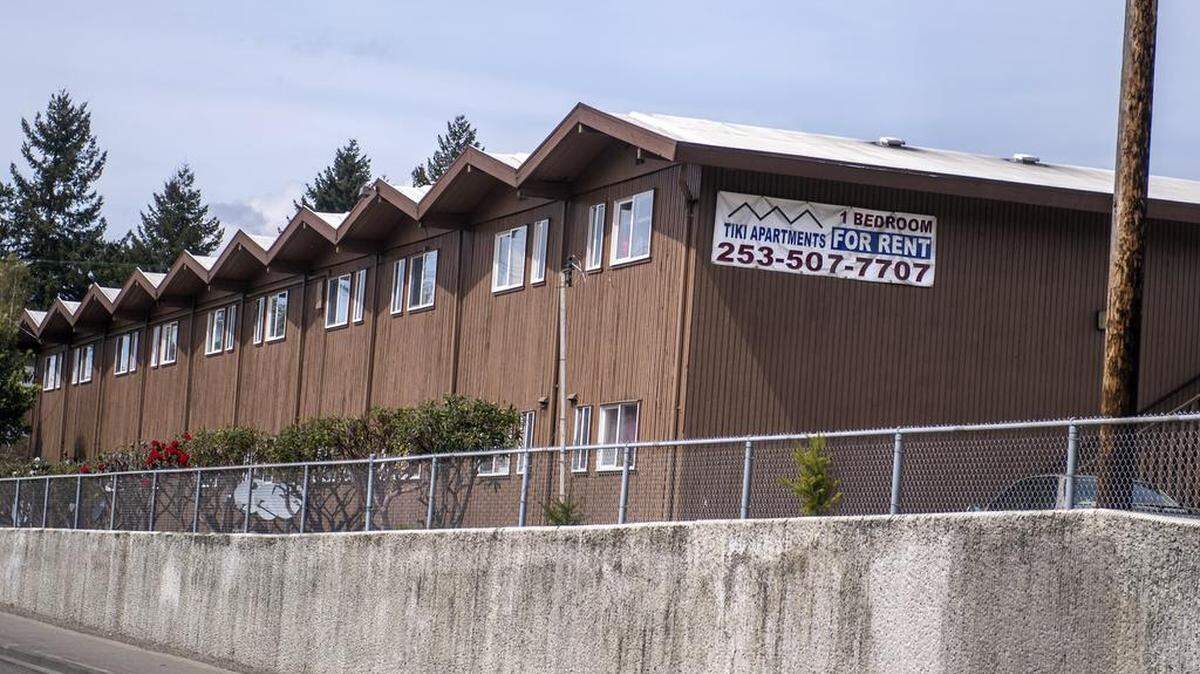 The Tiki Apartments on South Highland Avenue near westbound state Route 16 in Tacoma. The "for rent" banner was still up recently, even after residents were notified of their impending eviction.