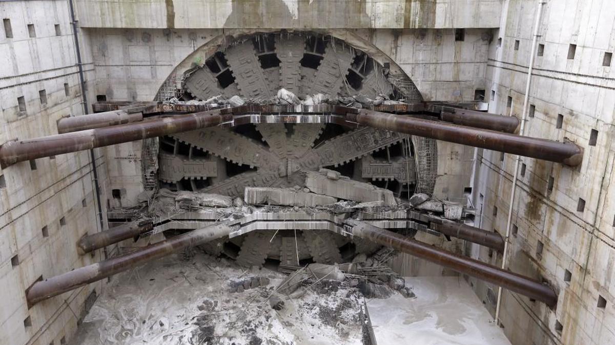 The front of the massive tunneling machine nicknamed Bertha is visible Tuesday after breaking through a concrete wall, the end of its work for the State Route 99 highway project under Seattle. It could be a metaphor for the Washington Legislature. Eventually, there will be a breakthrough in Olympia.