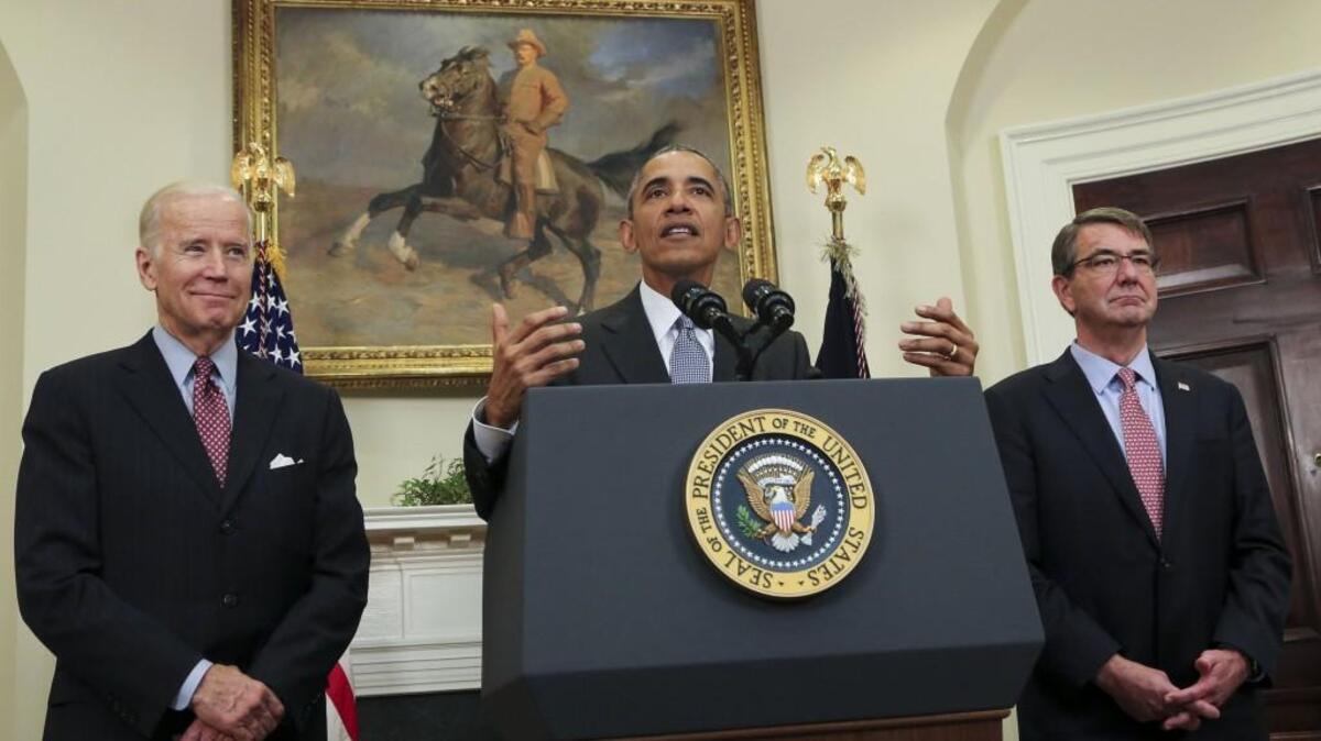 President Barack Obama, center, delivers a statement on a plan to close the Guantanamo Bay detention facility with Vice President Joe Biden, left, and Defense Secretary Ashton Carter in the Roosevelt Room of the White House on Tuesday, Feb. 23.